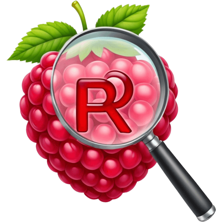 A raspberry R letter holds a magnifier emoji