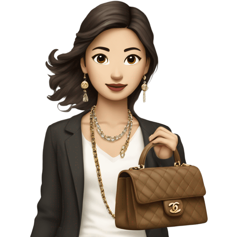 Realistic brown hair Chanel Asian Girl with Birkin bag and Chanel necklace emoji