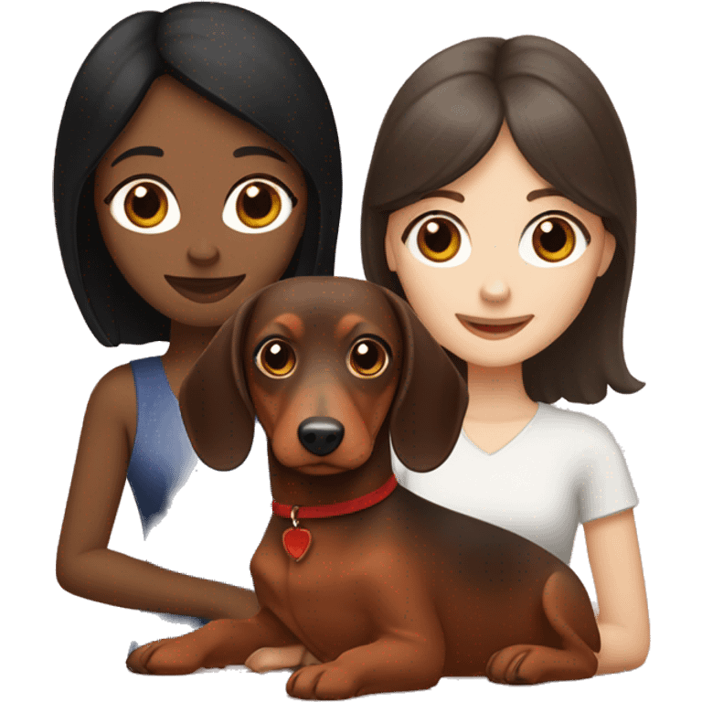 White girl with straight black hair holding a red dachshund and brown dachshund  emoji