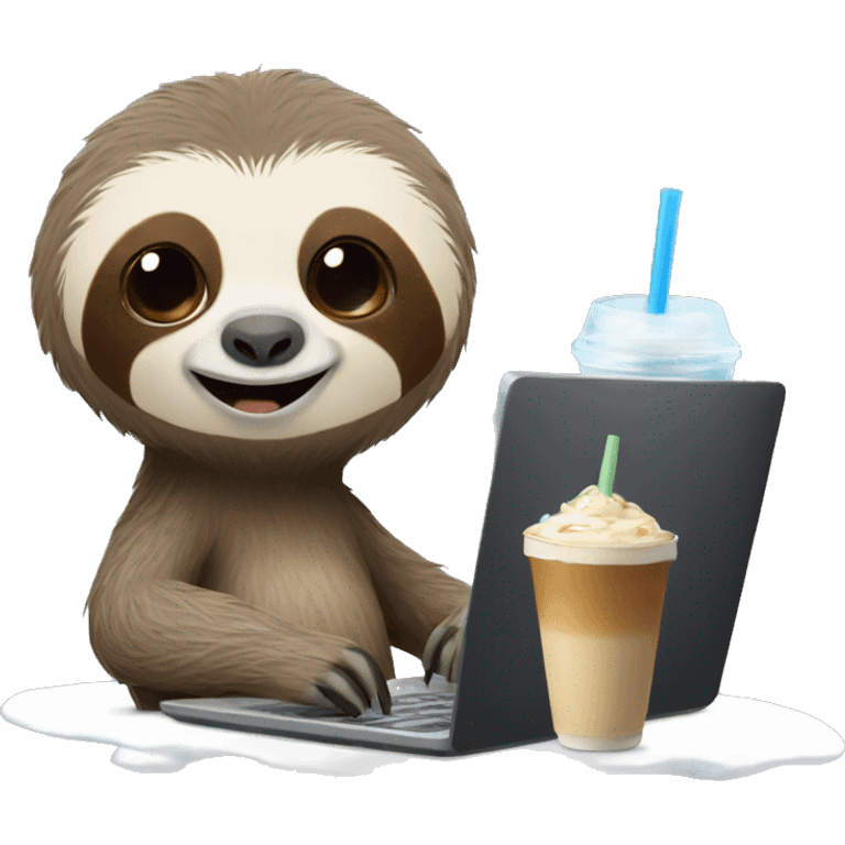 sloth with laptop and ice latte emoji