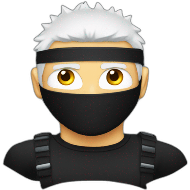 White male with spiky white hair eyes covered with black blindfold wearing a black compression shirt emoji