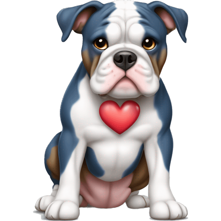 Blue tricolored olde English bulldogge with a heart emoji