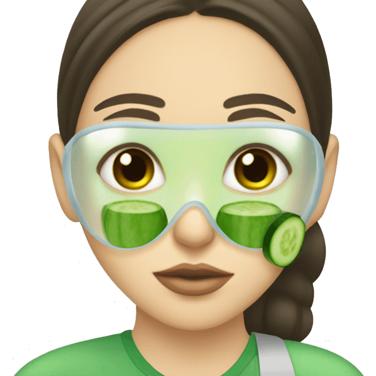 A brunette girl with a green face mask on with cucumber on eyes drinking boba emoji