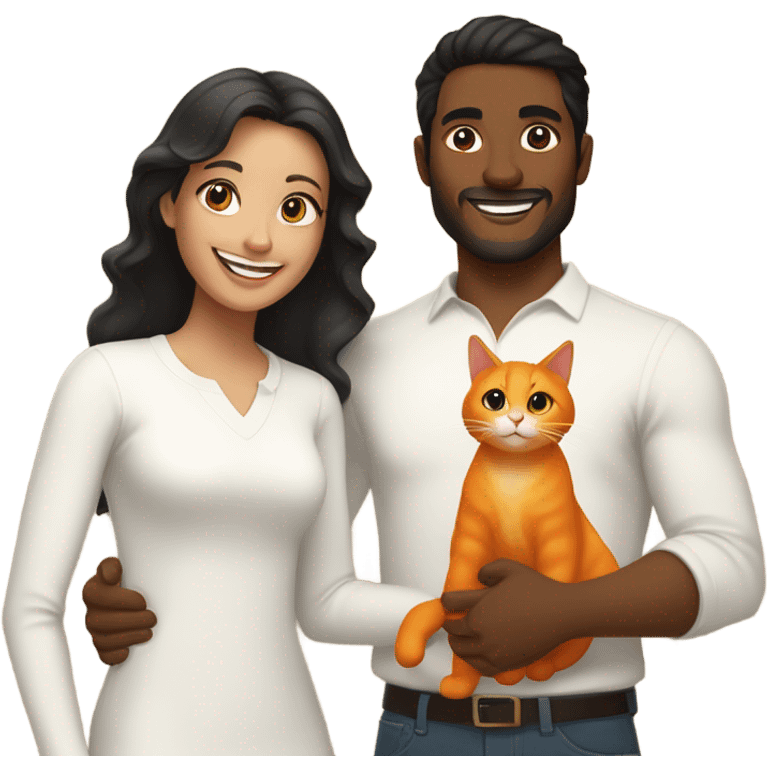 a happy light-brown woman with black hair and a happy brown man with brown hair in white long sleeve are family and holding an orange cat emoji