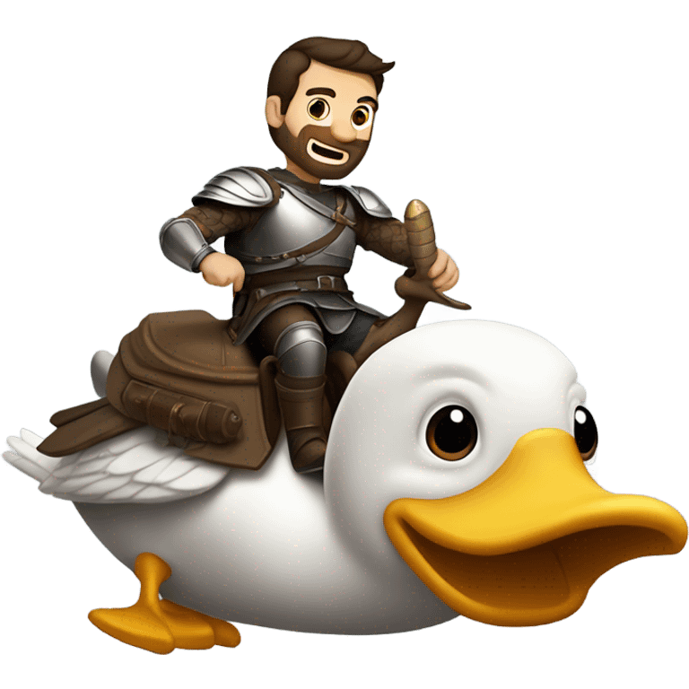 Confident armored White Man with dark brown hair and a short beard riding on the back of a giant armored duck pointing forward with one arm yelling a battle charge emoji