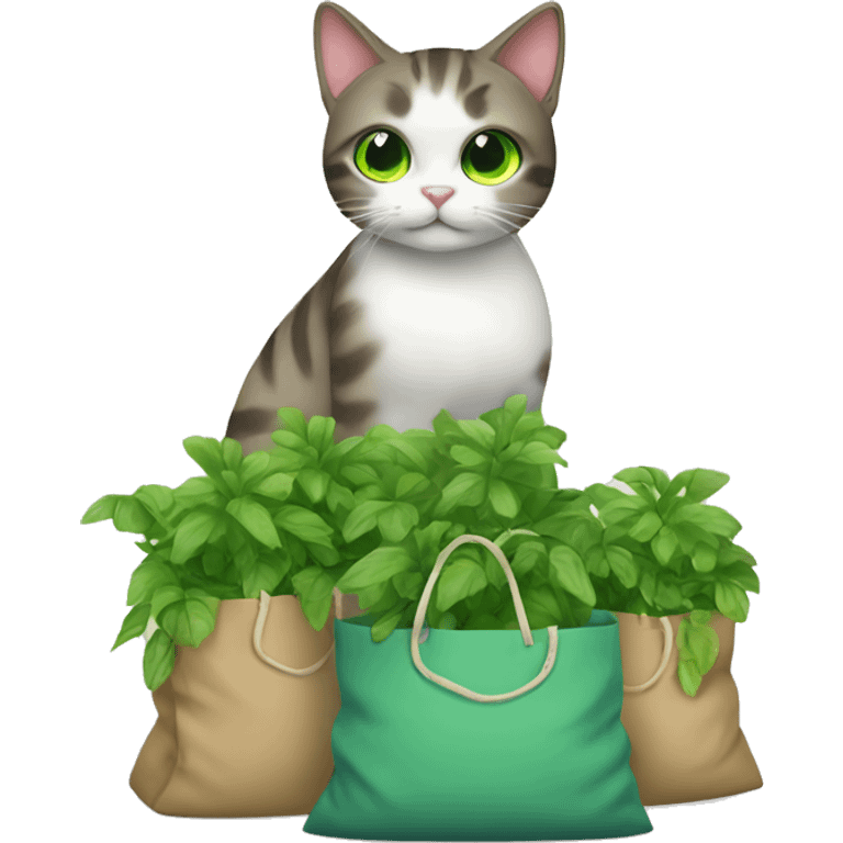 cat with bags of green plants emoji