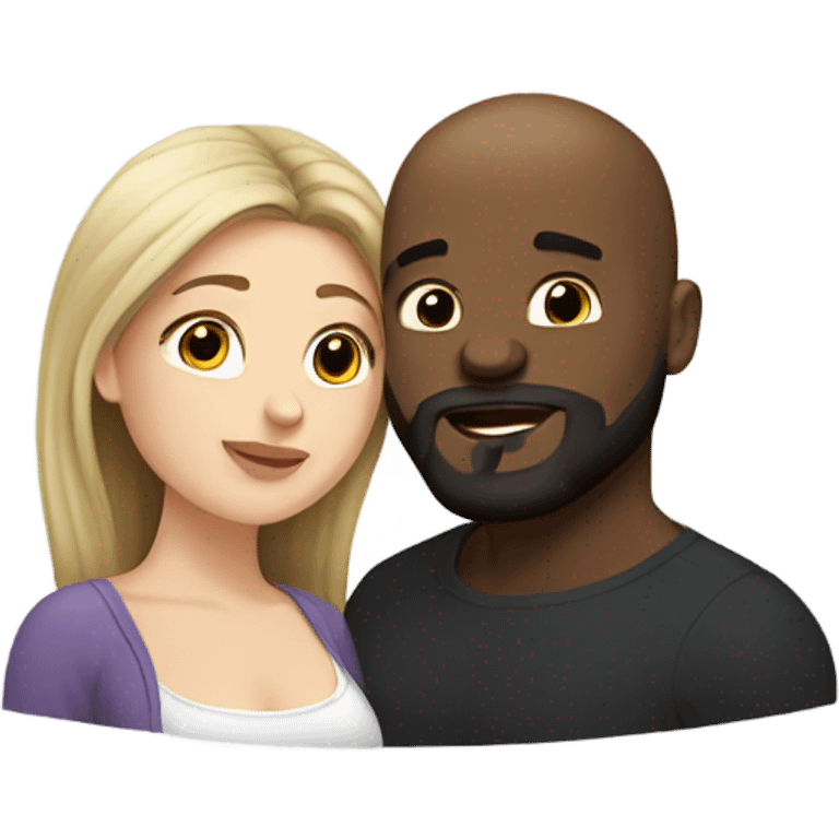 Curvy White brunette kissing muscular black bald man with beard emoji