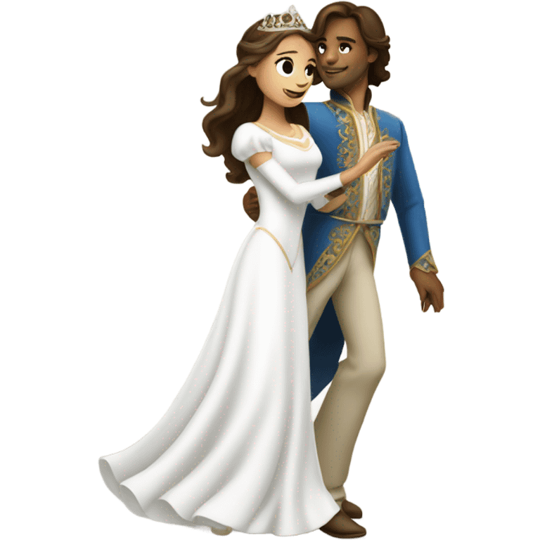 princess with a white dress with long brunette hair dancing with a prince emoji