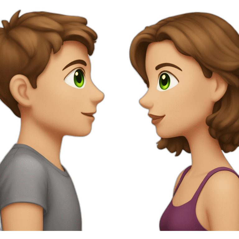 Girl with brown eyes and brown hair kiss the check of boy with brown hair and green eyes emoji