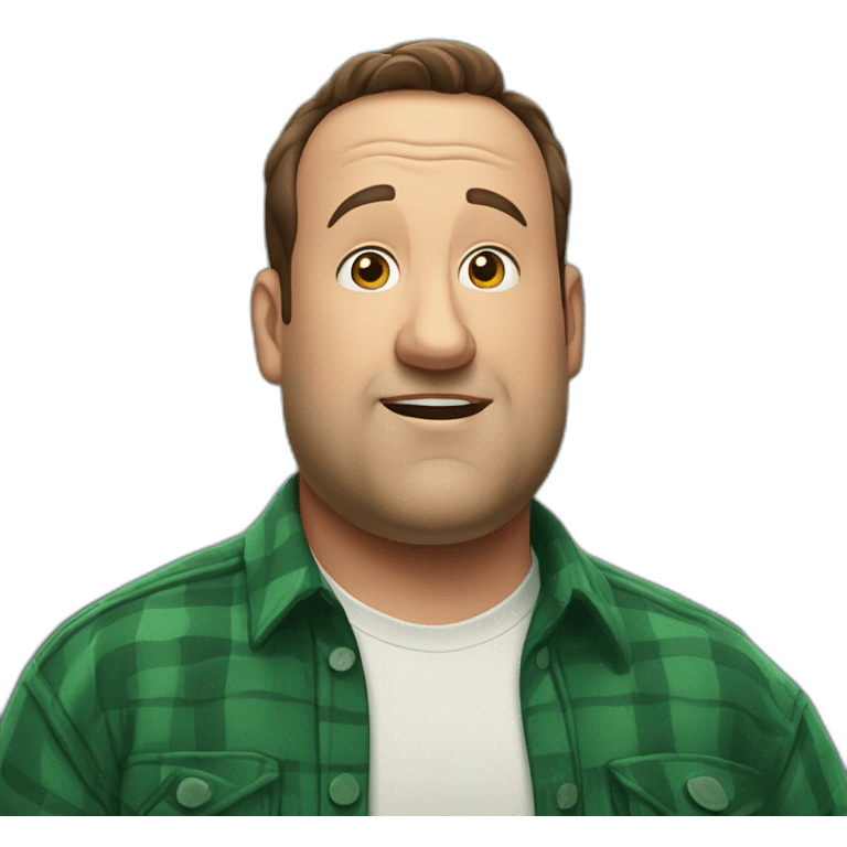 Kevin James wearing a green flannel and shrugging while looking into the camera emoji