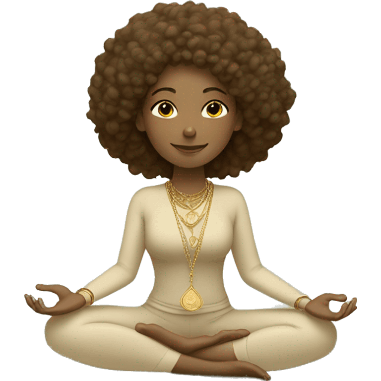 Woman with soft brown curly hair in beige and sage yoga outfit doing a meditation pose with gold jewellery and on a sage yoga mat  emoji