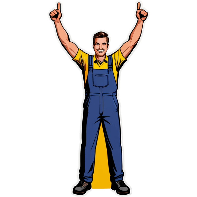 Man holding both arms in the air and holding an electrical cable emoji