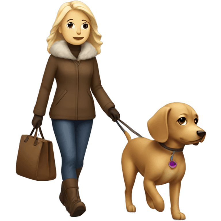 A blonde woman walking a tiny brown dog both look like they are freezing and cold emoji