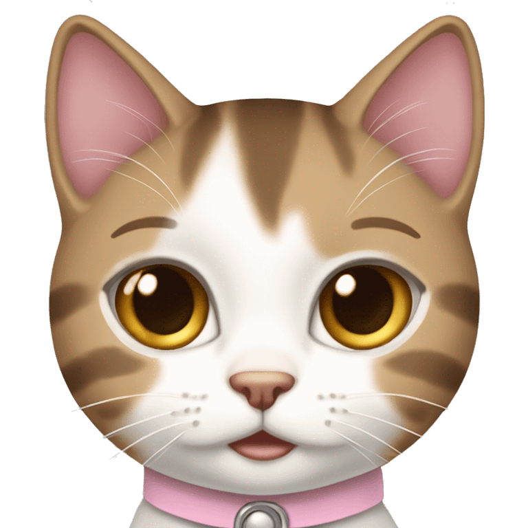 White, light brown and dark brown tabby girl cat with light pink collar emoji