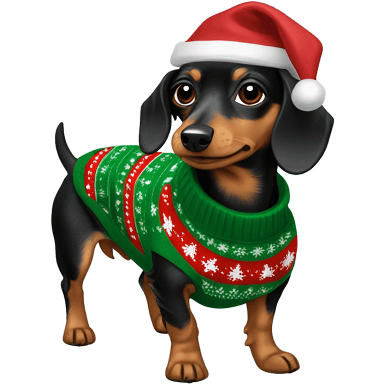 yorkie dachshund mix wearing Christmas sweater emoji