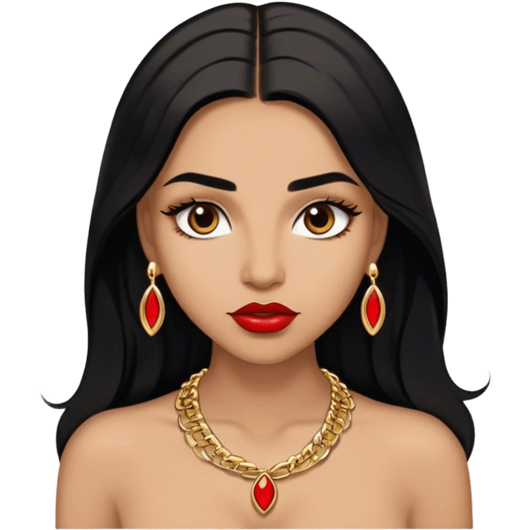 Woman, light brown skin, black long hair, medium arched eyebrows, brown eyes, full lashes, and red lips wearing a gold necklace  emoji