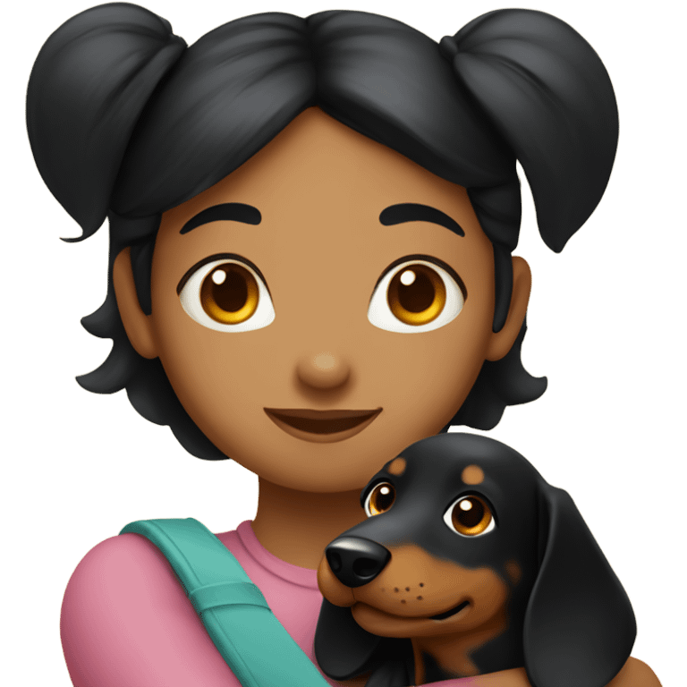 A girl with black hair hugging a daschund emoji