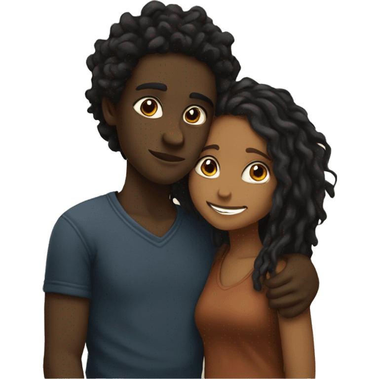 Brown girl with wavy hair hugging black boy who has dreads  emoji