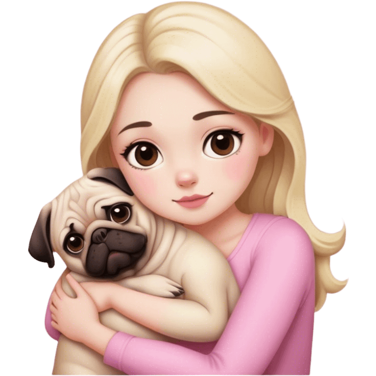 Blonde girl with brown eyes, white skin, pink blush, hugging a pug emoji