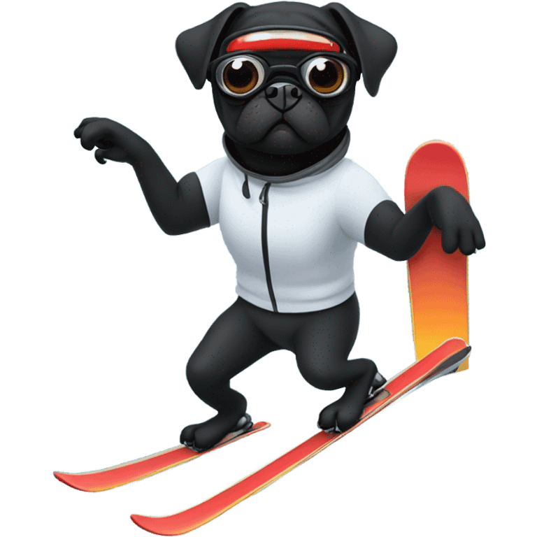 Black pug with a curly tail and goggles skiing on a snowy mountain emoji