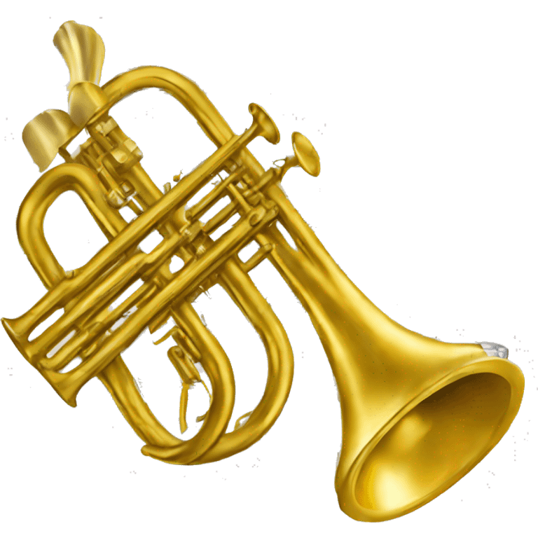 A golden trumpet with a golden mouthpiece. There a ermutig notes coming from the bottom out of the trumpet.  emoji