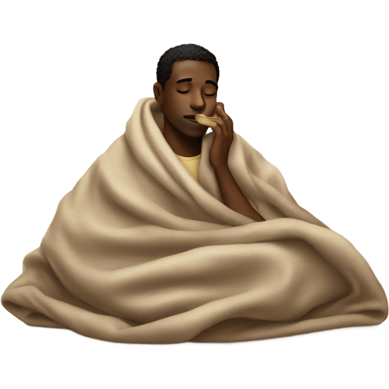 black man inside a blanket sipping coffee eyes closed emoji