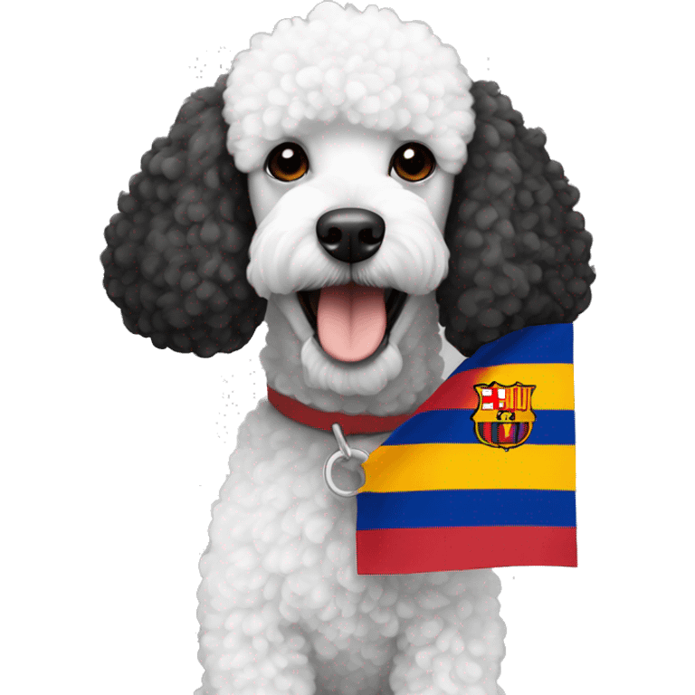 black and white poodle with a Barcelona flag emoji