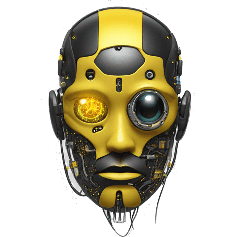 black and yellow cyborg head with circuitry, one artificial eyeball, and yellow goatee emoji