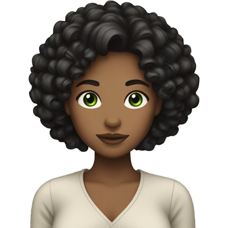 Woman with green eyes and curly black hair and a neutral skin tone emoji