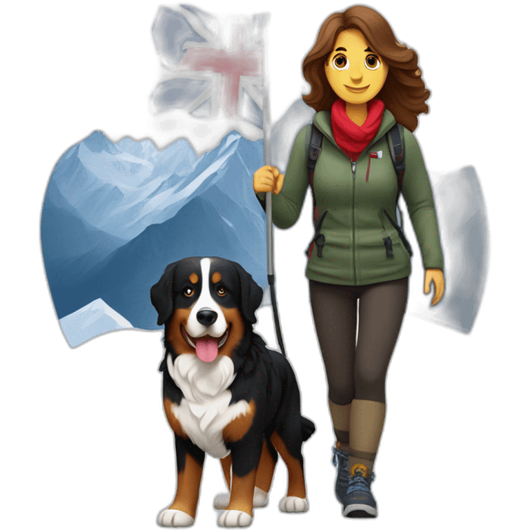 bernese mountain dog hiking with a woman with brown hairrin snow under the Norwegian flag emoji