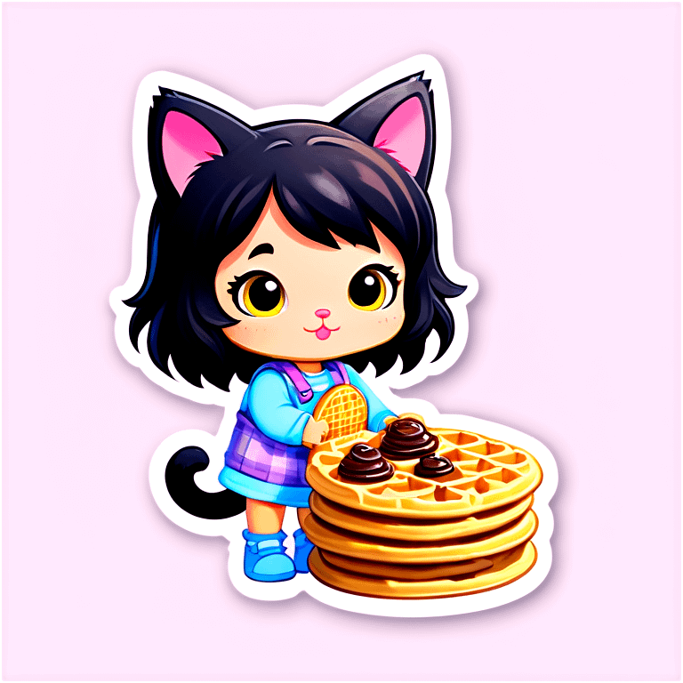 Kitty cat with waffles with little girl little girl picking up cat poop ￼ emoji