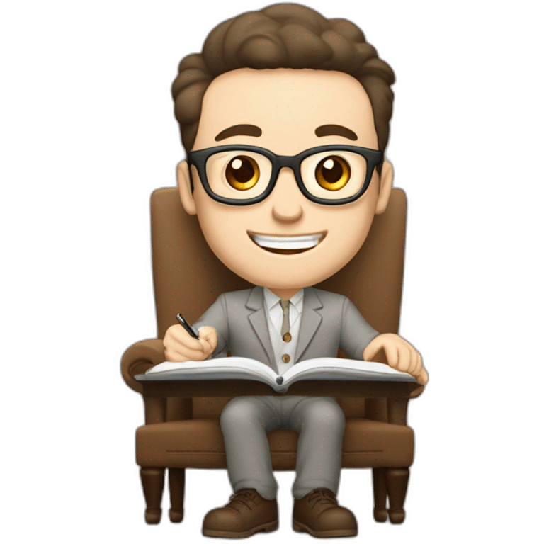 Joyful Celebrating victory Pale skinned Fit Man With dark brown hair in gray jacket, beige office shirt, Brown pants and vintage glasses sitting In a soft chair with a notebook and a pen emoji