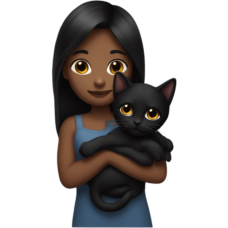 Girl holding black kitty. The girl has dark long hair and dark skin emoji