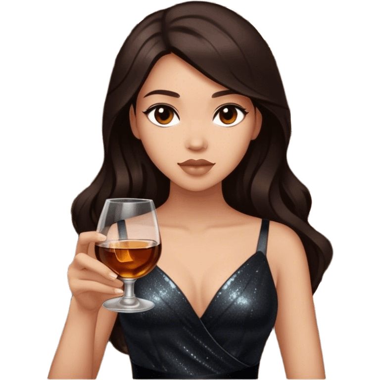 Beautiful woman in 1950’s woman fashion look, black shimmery dress, long dark brown hair, whisky with ice emoji