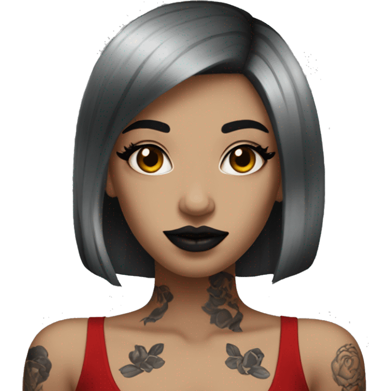 Pale black haired girl with black tattoos on body wearing red lipstick  emoji