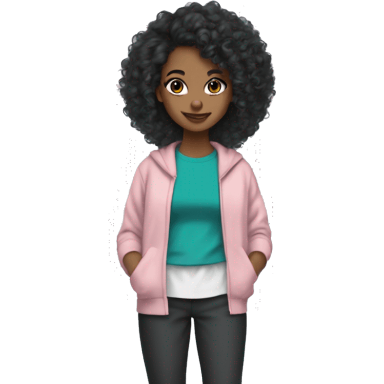 Carmel skin girl teal braces black crop top long black curly hair grey bell bottom sweat pants slit eyebrows and white and pink long cardigan  emoji