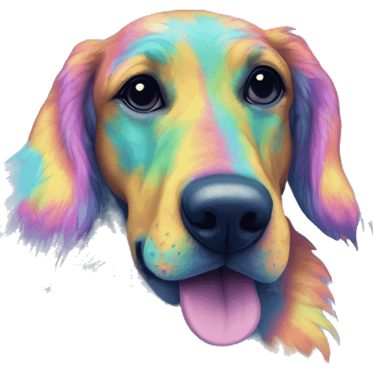 Multicolored rainbow retro groovy tie dye hippie trippy floral patterns on a metallic holographic iridescent blue dog face head unicorn emoji