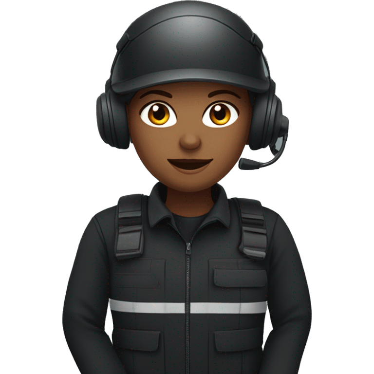 operator dressed in black with a milatary helmet, without glasses, wearing a headset, ready to respond to alerts, preferably curly redhead female emoji