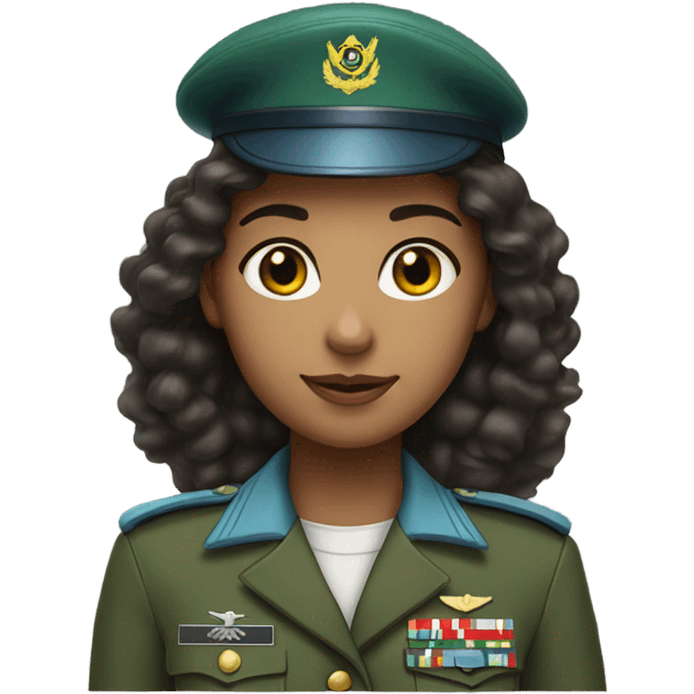 A girl with long curly dark hair wearing a green military uniform and a light blue beret on her head emoji