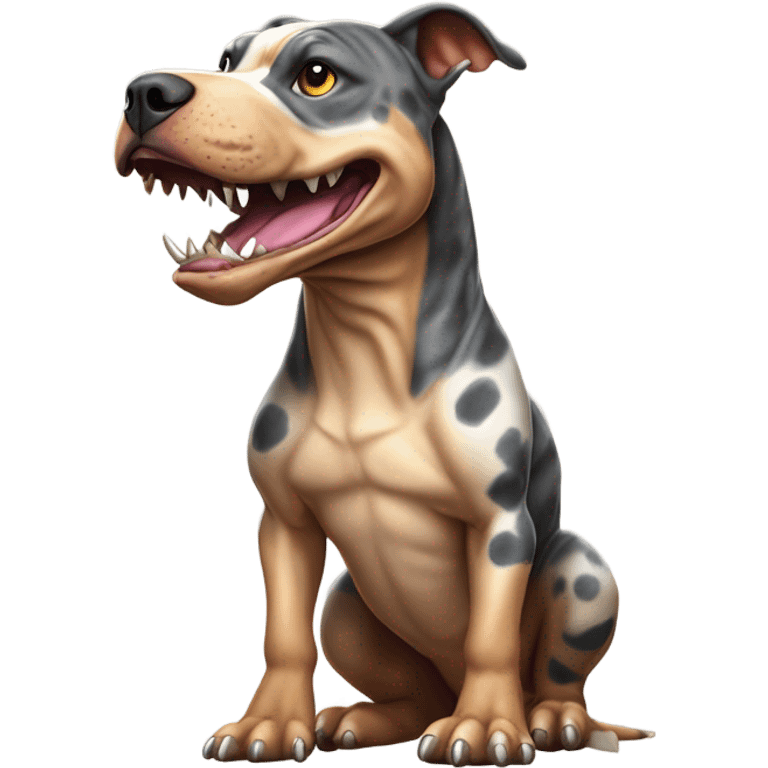 A catahula pitbull mix riding a Tyrannosaurus rex emoji