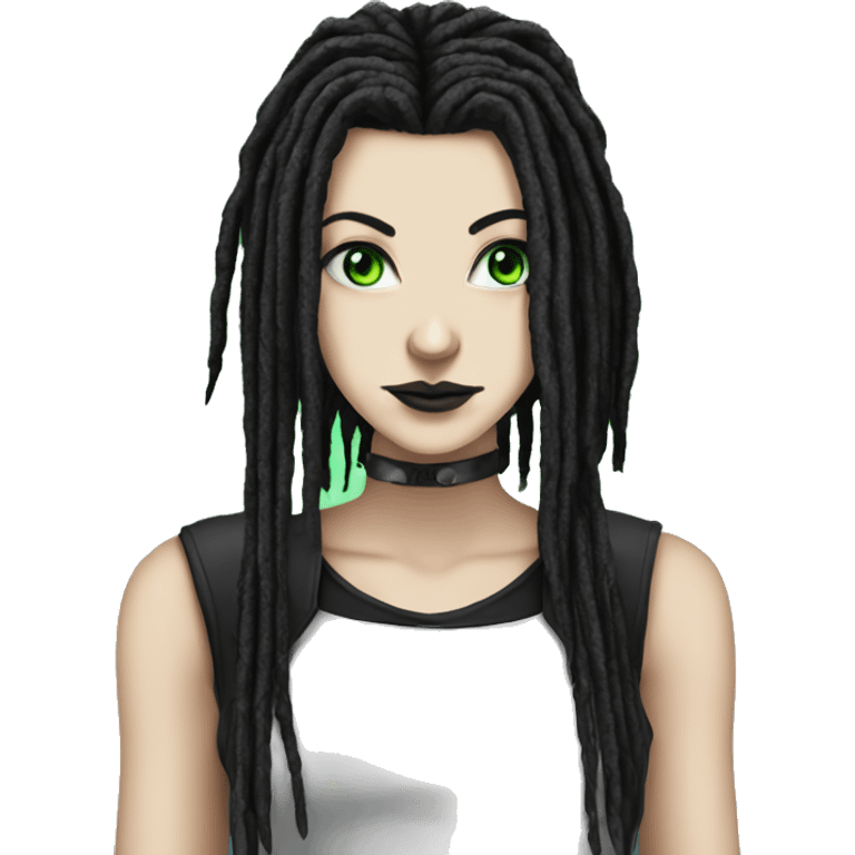 White girl, anonymous, cyberpunk black dreadlocks, green eyes, gothic emoji