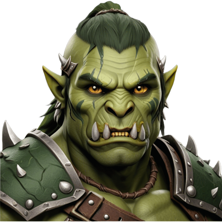 Cinematic Realistic WoW Orc Warrior Portrait, depicted with battle-scarred, rugged green skin and a powerful, muscular build that radiates primal strength. Clad in intricately detailed tribal armor accented with dark leather and iron embellishments in deep, earthy tones, his fierce eyes and determined expression exude honorable might. Rendered with lifelike texture and dramatic natural lighting, high shine, noble and formidable, capturing the essence of a legendary orc champion. emoji