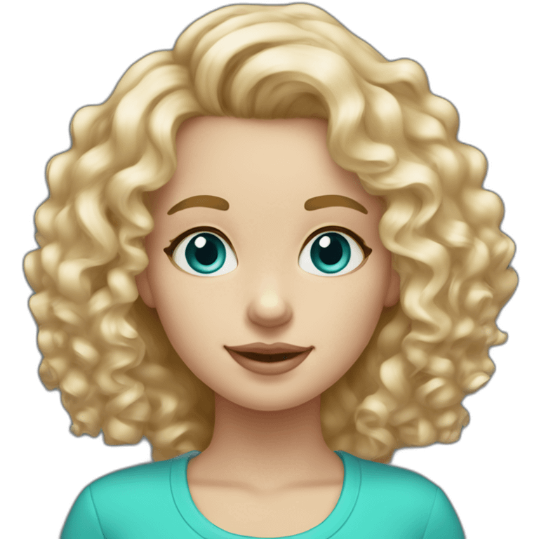 Blonde curly hair mid length.  Belgian girl. blue eyes with turquoise earrings and light pink features emoji