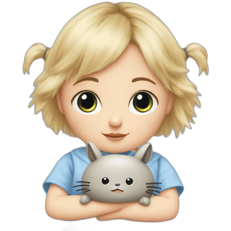 bébé fille blonde décoiffée aux yeux bleus avec une peluche Totoro  emoji