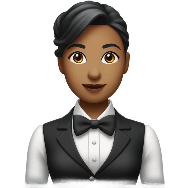 a female butler with a professional and elegant demeanor. She has her hair neatly tied in a ponytail and wears a classic butler uniform, including a tailored vest, crisp white shirt, and bow tie. emoji