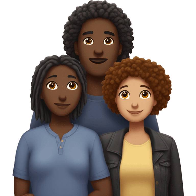 A throuple, with a light skinned black man with dreadlocks, a dark skinned large woman with short afro hair, and a dark skinned nonbinary with short locks, embracing each other, hearts emoji