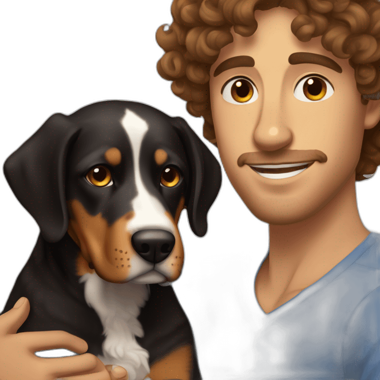 Russian guy with curly brown hair with dog Entlebucher zennenhund emoji