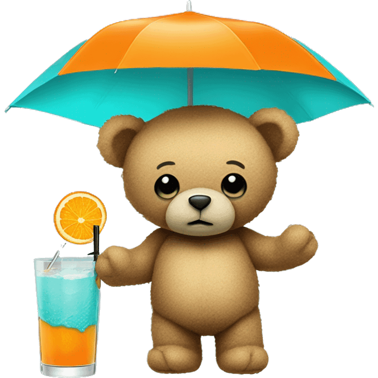 
a turquoise, tattered teddy bear with only one button eye holding an orange cocktail umbrella. emoji