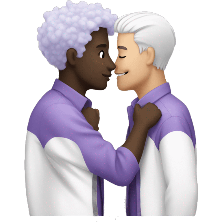 Two men kissing, one of them black and the other white with lavender hair emoji