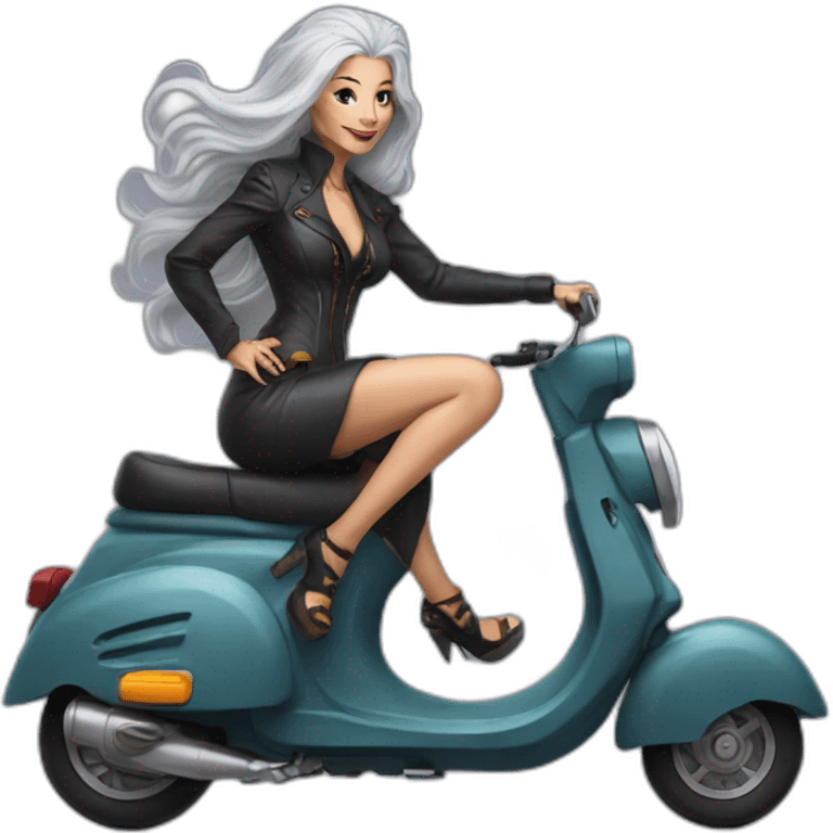 sexy gray-haired witch on a scooter painted like a leopard emoji